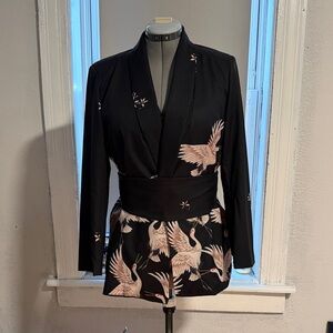 Black Crane-Print Wrap Blazer with Sash